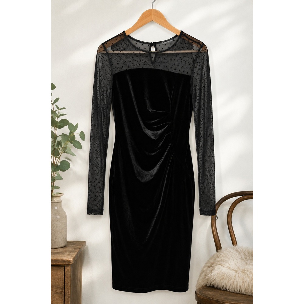 Black Velvet Mesh Polka Dot Sheer Sleeve Cocktail Party Sheath Dress Small